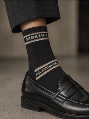 Balenciaga Black Crew Socks with Beige Logo Stripes